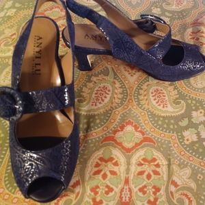 Anyi Lu 37.5 7 blue Italian leather peep toe heels pumps sandals shoes Italy
